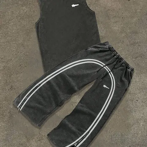 Men's Letter Print Tank Top & Tracksuit Pants Two-Piece Set, Regular Fit Sleeveless Top & Jogger Pants, Casual Summer Outfits Clothes Set for Men, Streetwear Tracksuit Set, Casual Sportswear Outfit, Sports Casual Wear, Casual Sporty Design, Cotton