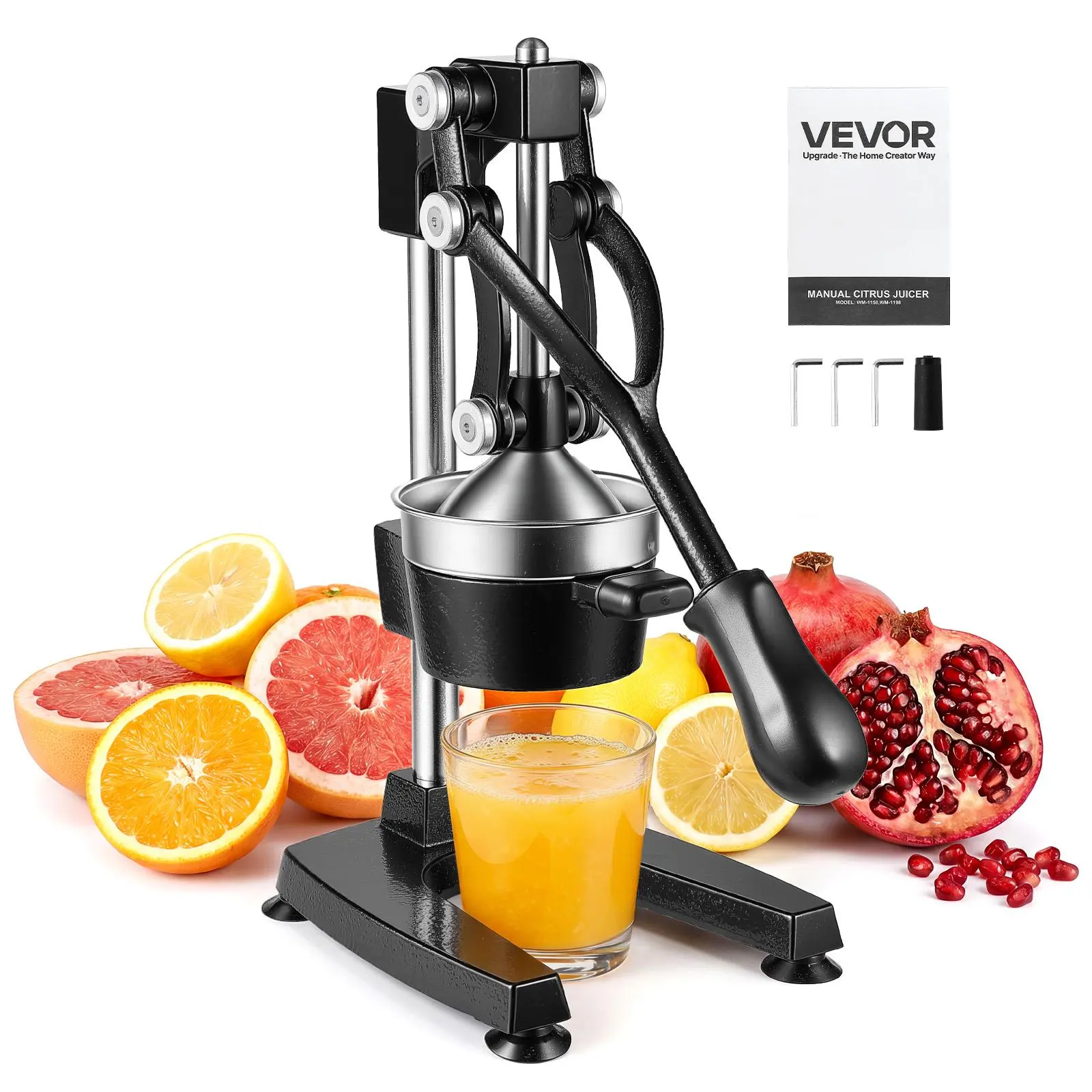 VEVOR Manual Citrus Juicer, 15" Tall Hand Press Oranges Juicer, Manual Fresh Juice Extractor for Lemon Pomegranate Grapefruit, Heavy-Duty Cast Iron, Easy to Clean, Home & Commercial Use, Black