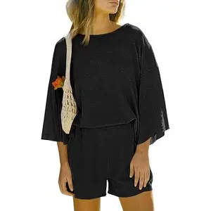 Tankaneo Womens Short Sets 2 Piece Outfits 3/4 Sleeve Tops and Elastic Waist Shorts Lounge Set Casual Loungewear