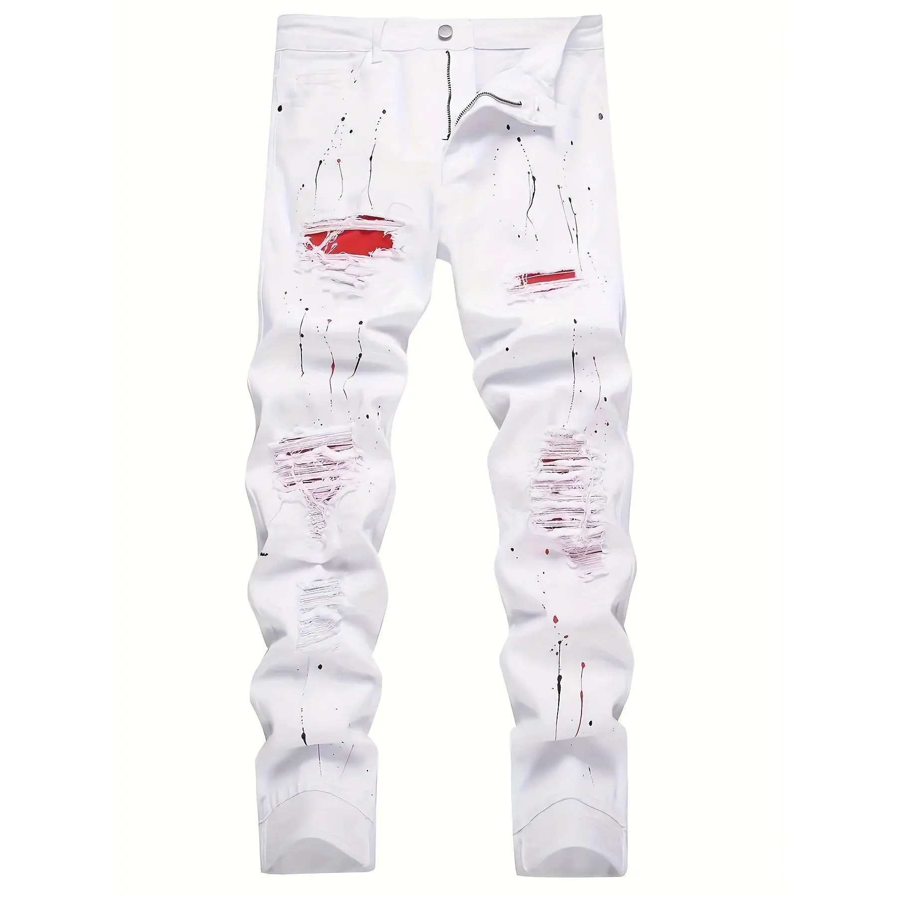 Men's Ripped Stretch Regular Fit White Jeans with Red Patch - Menswear, Casual Wear Pants, Below Ankle Trousers, Ripped Jeans, Denim Fabric