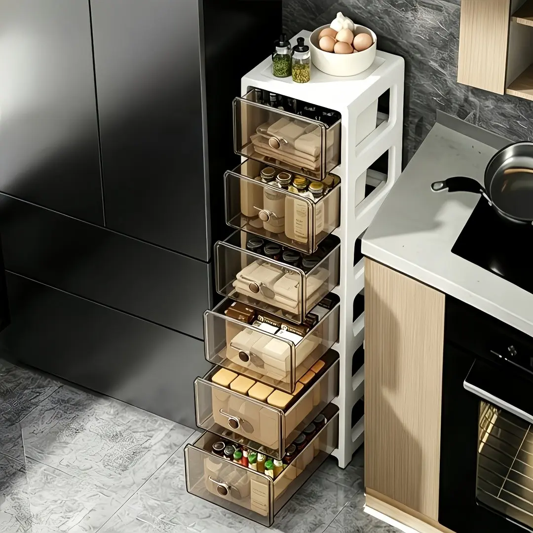 5/6/7-Tier Slim Bathroom Storage Drawer Organizer, Clear Plastic Stackable Narrow Storage Cabinet with Pull-Out Drawers, White Vertical Bathroom Organizer Unit for Small Spaces, Under Sink, Toilet, Ideal for Toiletries, Toilet Paper