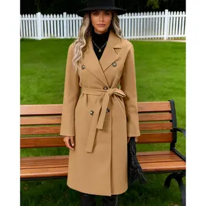 Trendy Women's Wool Pea Coat - Elegant Lapel Collar, Double Breasted Belted Design with Pockets, Mid-Long Winter Overcoat