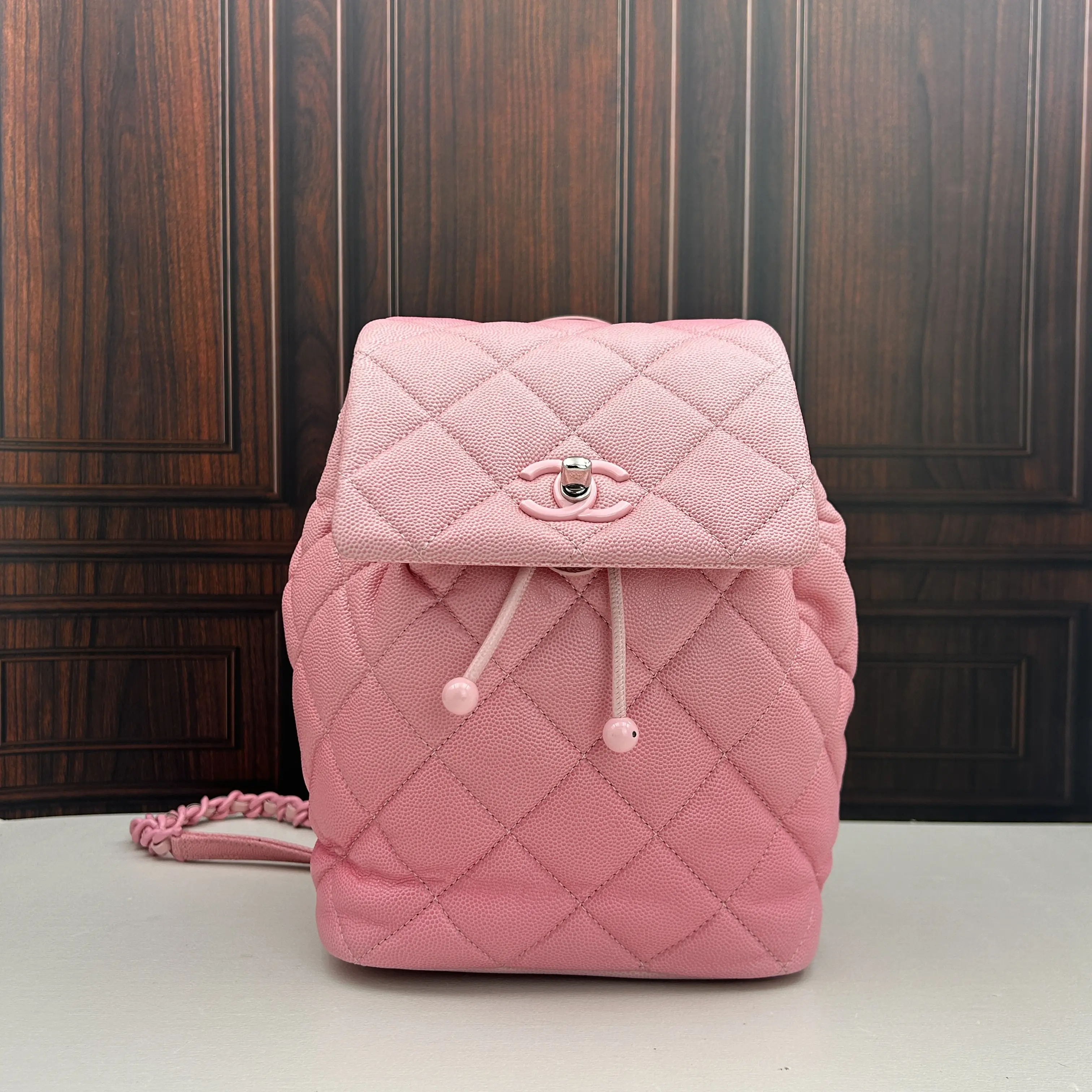 Pre-owned CHANEL 24C Sakura Pink Caviar Quilted Drawstring Chain Backpack 888 HK