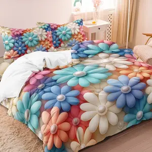 3pcs Colorful Daisy Flower Bedding Queen Print Duvet Cover (1 Duvet Cover + 2 Pillowcases, No Comforter, No Pillow), Bright Floral Pattern Bedroom Decor,for Spring Summer Home Guest Room