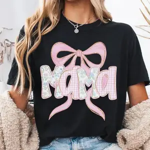 Coquette Patchwork Mama Bow Outfit, Vintage Retro Cottagecore Mama Graphic Tee, Cute Fashion Shirt, Comfort Oversized Cotton Top, Perfect Valentine Gift For Her, Best Mother's Day Gift For Mom Family Friends