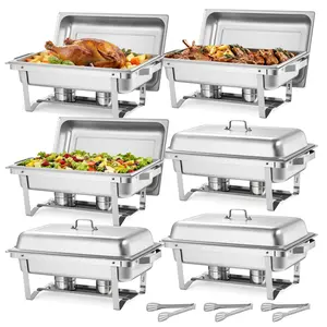 VEVOR Rectangle Chafing Dish, 9 Qt 6 Pack Stainless Steel Chafing Dish, Food Warmer Chafer Complete Set with Hollow Handle, 3 Food Tongs, Lid, Holder, Chafer Dishes for Banquet Party Wedding