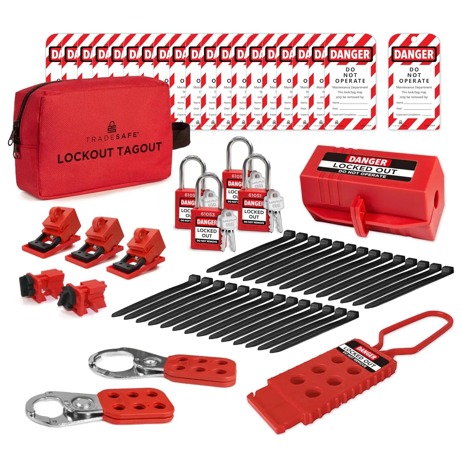 Electrical Lockout Tagout Kit, Loto Kit, 2 Keys Per Loto Lock| 34-Piece Set, 110V-125V 30A Plug Lock, 120/277V Breaker Locks, 1in & 1-1/2in Hasps, 1-1/2in Shackle Padlock