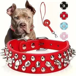 Spiked Dog Collar and Leash, Adjustable Synthetic Leather Pet Collar with Rivet Detail, Durable Outdoor Walking Gear for Dogs Set