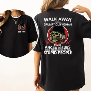 Walk Away I Am A Grumpy Old Woman T-Shirt Funny Skull Graphic Tee Men Black Top Sarcastic Gift Born In 1968 Pullover Streetwear Casual Activewear Aesthetic Oversized Biker Clothes Short-Sleeve