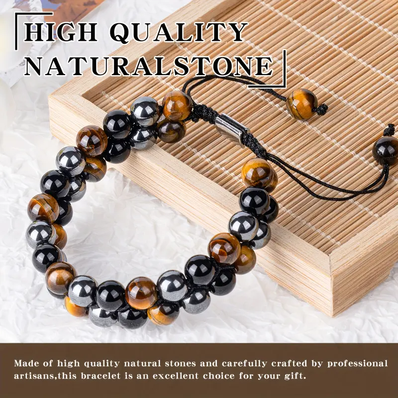 Triple Protection Natural Stone Beads Bracelet - 8mm Tiger’s Eye Mix, Obsidian, Hematite Beads, Double Layer Design, High-Quality, Ideal for Casual Wear, Perfect Gift