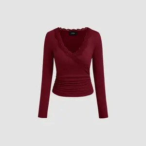 Cider [2 colors, size 2-10] V-neck Solid Lace Trim Ruched Long Sleeve Top