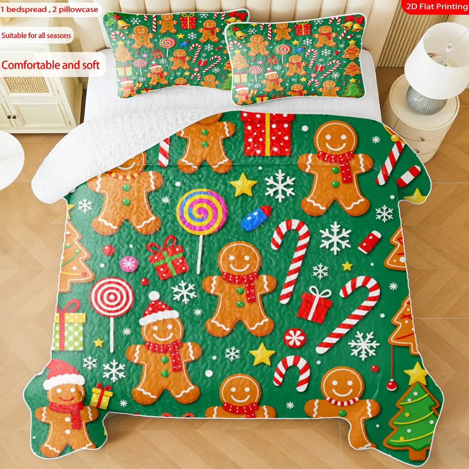 3pcs, 2D flat print Gingerbread Man Pattern Bedspread Set, Christmas Theme, multiple sizes available, bedding set, festive decorative bedding, ideal for bedroom décor(1 bedspread , 2 pillowcase)