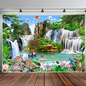 Waterfall Pavilion Tapestry Nature Landscape Backdrop Scenic Garden Theme Wall Hanging Photography Background Aesthetic Decor for Living Room Bedroom Indoor Outdoor Home Decoration