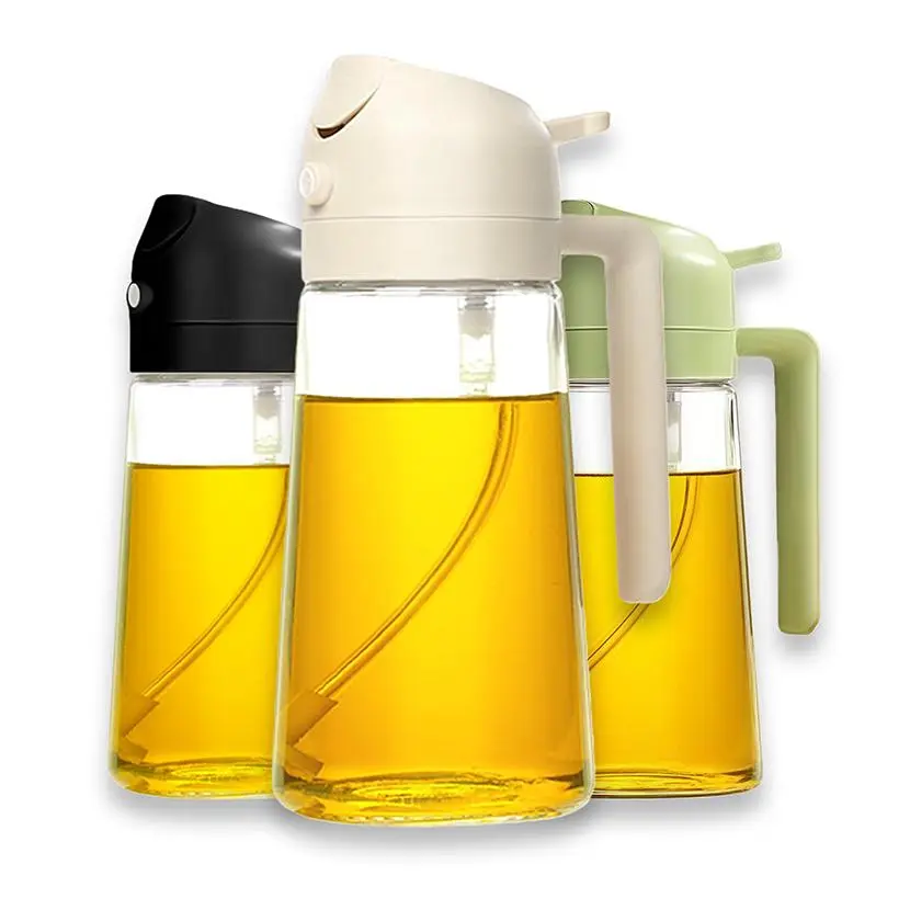 2026 Best-Selling 3-Piece 2-in-1 Oil Bottle Set, Glass Pour & Mist Sprayer for Culinary Oils, Smart Non-Drip Spout, Fresh Black Beige Green