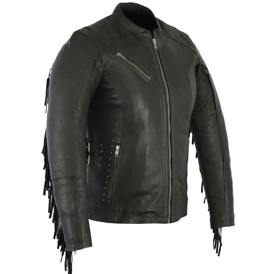 RENEGADE CLASSICS Women's Soft Goat Leather Motorcycle Jacket, Fitted Biker Style with Fringe, Zipper Pockets, and Concealed Carry