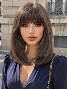 High Temperature Fiber Wig, Synthetic Hair All Day Wear, Natural Look, Adjustable Size, No Glue Needed, Medium Length, with Bangs