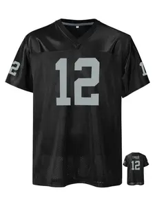Men's #12 Black Embroidered American Football Stylish Apparel Jersey, Loose V-Neck Classic Retro Mesh Short Sleeve Pullover T-Shirt Sportswear
