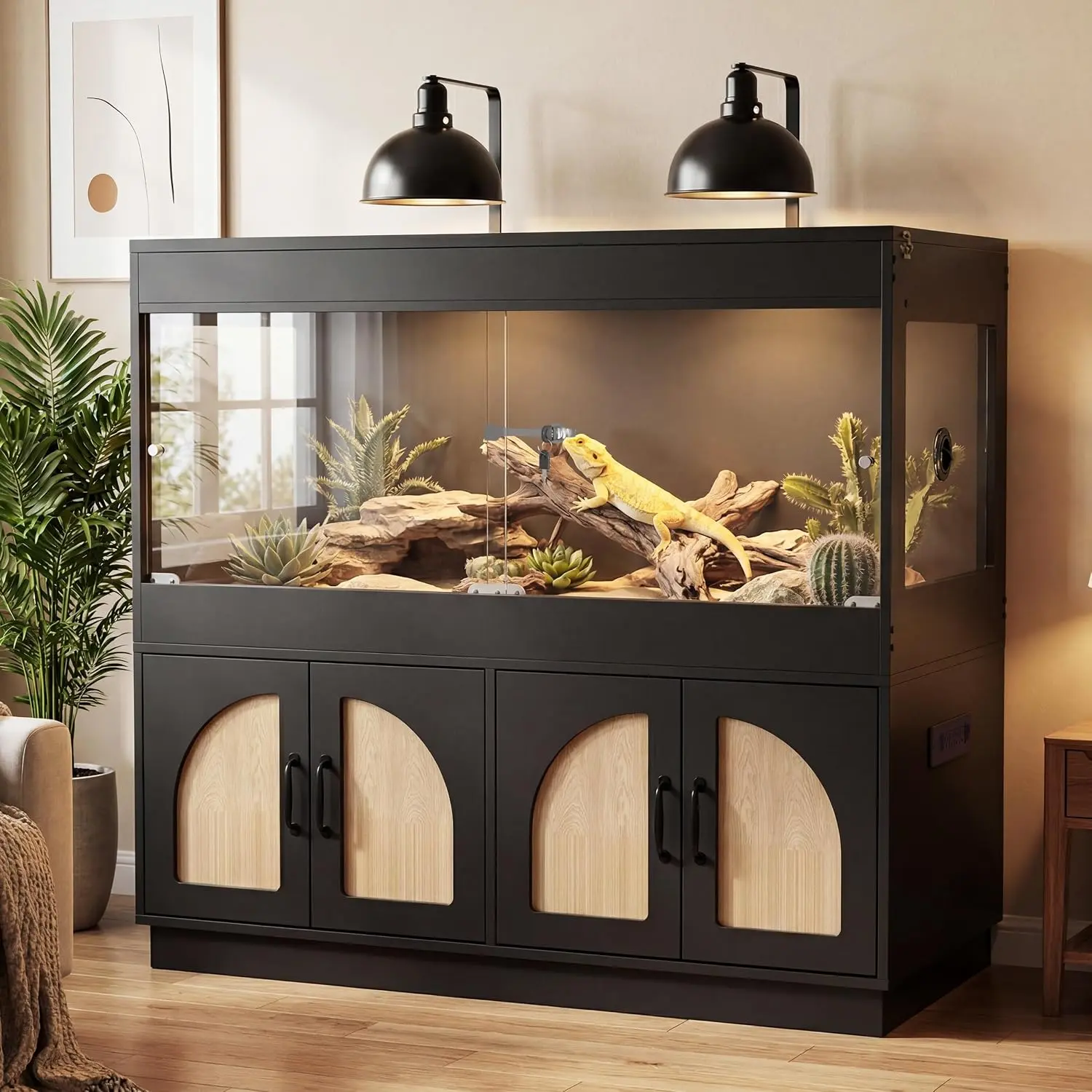 Herture 120 Gallon Reptile Tank with Stand, 48"W x 24"D x 48"H Large Terrarium for Bearded Dragon, Snake, Lizard – Sliding Glass Doors with Keyed Lock, Ventilated Mesh Top, Built-in 4-Outlet Power Strip & Storage Cabinet, Furniture-Style Design for Home