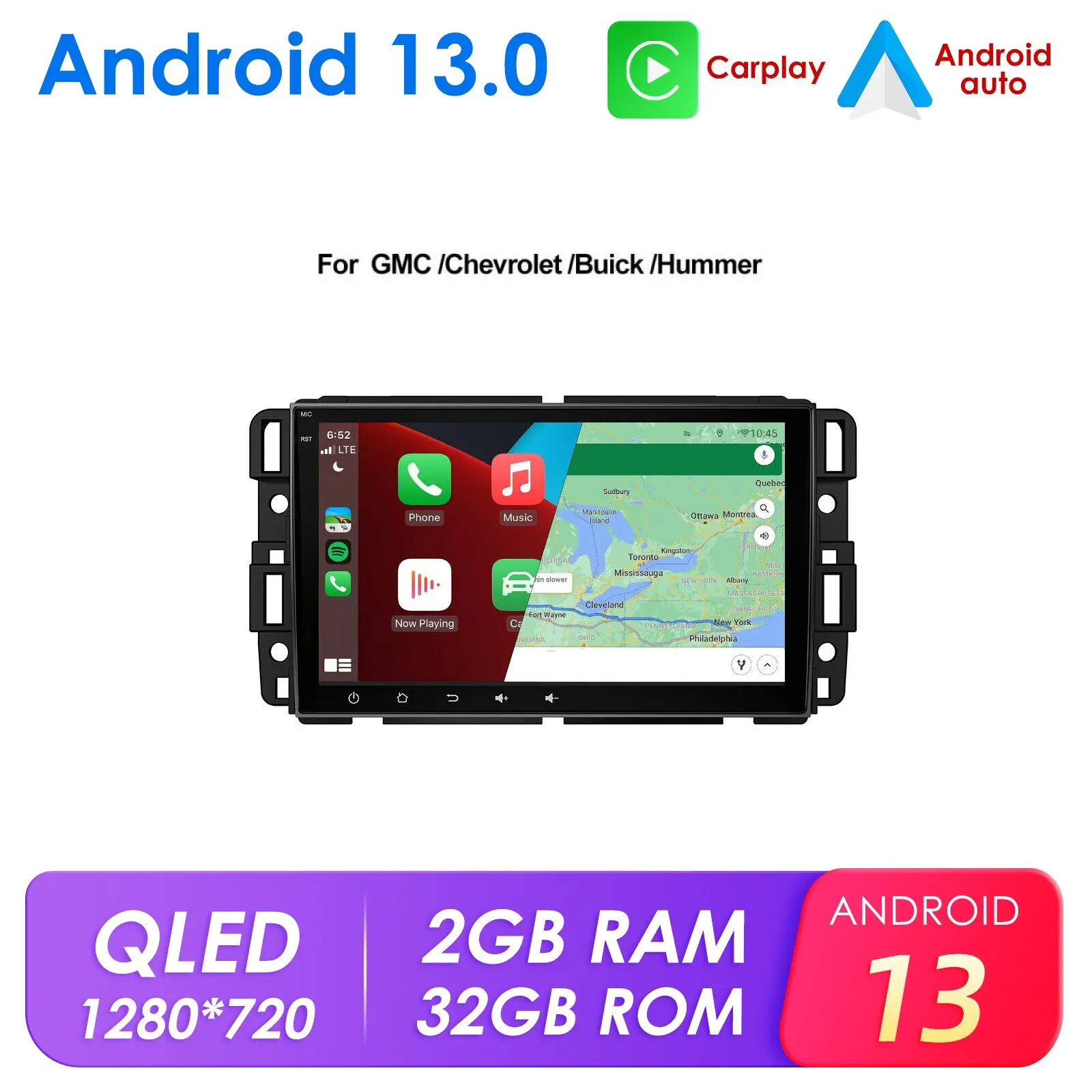 [Hizpo] Android 13.0 Touchscreen GPS Navigation Car Radio Head Unit with Allwinner A100 Quad-Core CPU, DDR3 2GB Flash, Canbus Decoder, CarPlay, Mirror Link for GMC Yukon Sierra, Buick Enclave, Chevrolet Tahoe Suburban Silverado