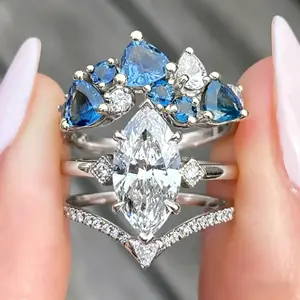 3PC Silver Plated Marquise & Blue CZ Stackable Ring Set Aesthetic Promise Jewelry Gift