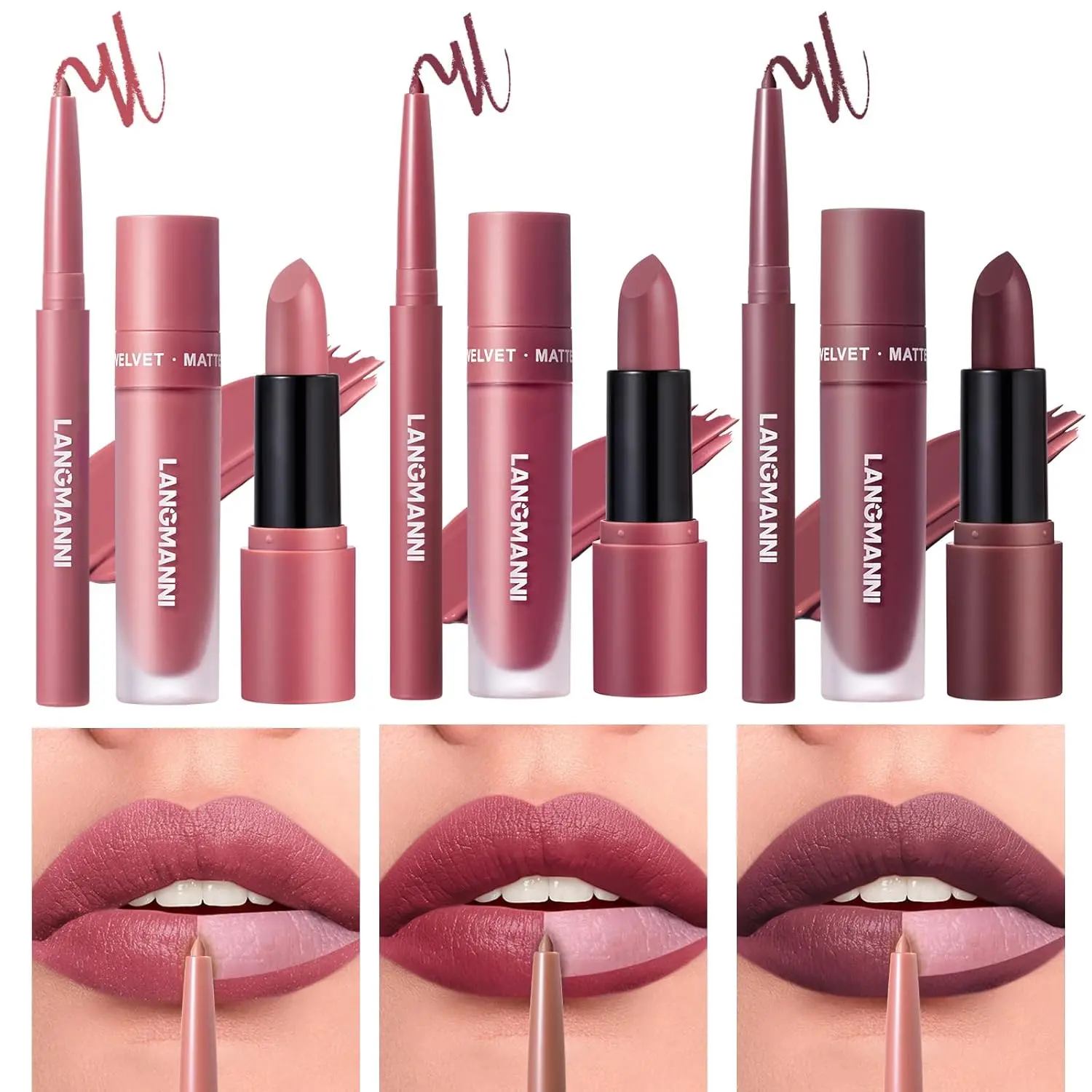 Jolilab 9 in 1 Matte Velvet Lipstick Set-Lip Liner, Lip Gloss and Lipstick, Waterproof Longlasting Pigment Nude Non-Stick Cup Women Lip Makeup, Perfect for Natural Lip Contour (04+05+06, 1) Jolilab