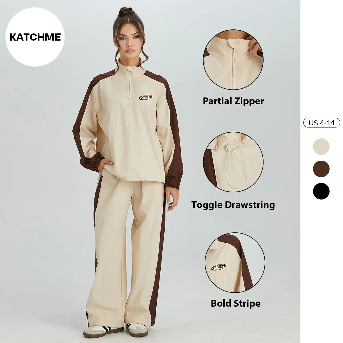 KatchMe Women's Workout Color-Matching Striped Mock Neck Long Sleeve Sweatshirt & Wide Leg Trousers Tracksuit, Toggle Drawstring Co-ord Set, Running Clothing