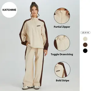 KatchMe Women's Workout Color-Matching Striped Mock Neck Long Sleeve Sweatshirt & Wide Leg Trousers Tracksuit, Toggle Drawstring Co-ord Set, Running Clothing
