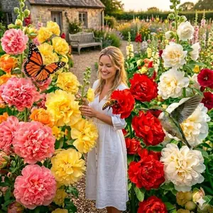 200 Heirloom Double Hollyhock Seeds: Tall Blooms & Pollinator Magnet! High-Germination Mixed Color Flower Seeds, Easy to Grow. Perfect for Cottage Gardens, Floral Fences, and Backyard Walls