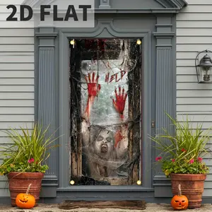 2D FLAT 1pc Banner Door Banner 1pc Spooky Halloween Horror Door Cover Banner, 71x35in Polyester Hanging Wall Decor, No Electricity Needed, Multipurpose for Entryway, Room, Photo Background, Party Supplies