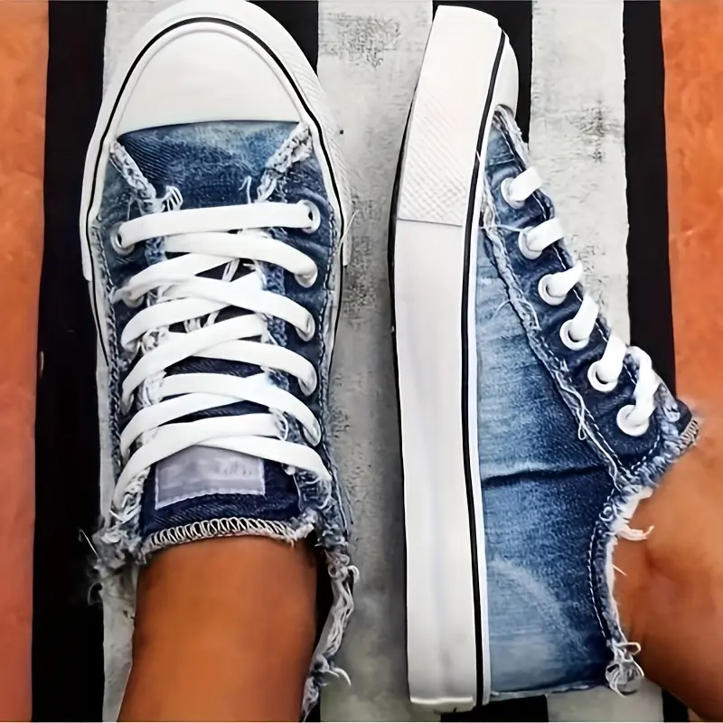 Women's Tassel Design Denim Shoes, Slip-on Lace-up Low-Top Frayed Flat Shoes, Classic and Sneaker