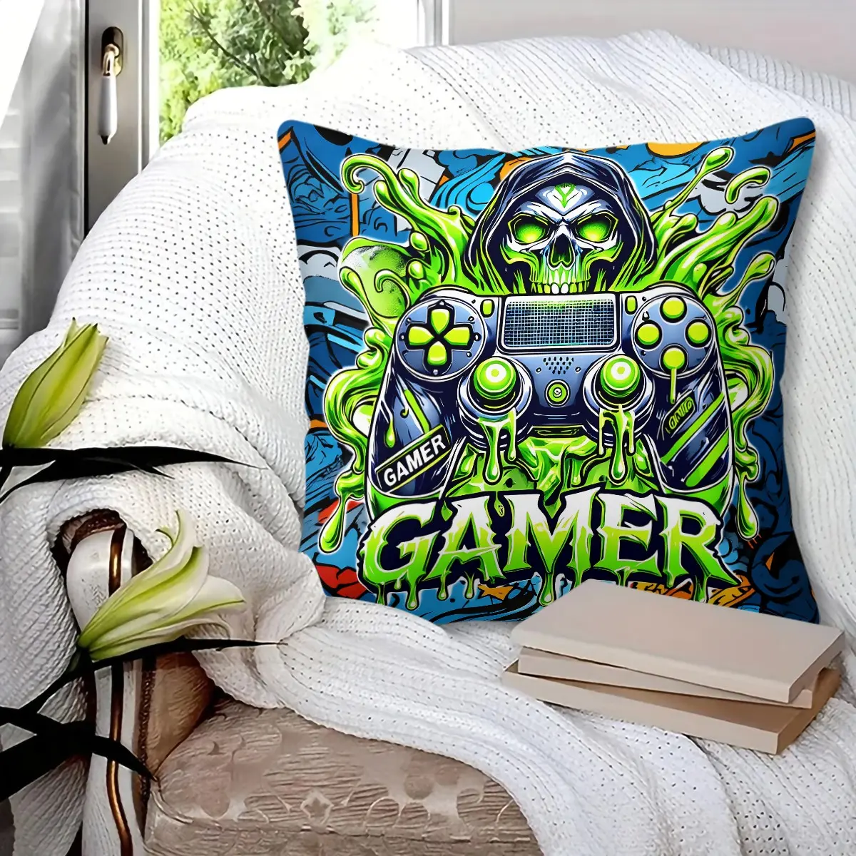 Neon Green Gamer Skull Controller Pattern Digital Print Throw Pillow,  Soft Gaming Cushion, for Boys Teens Men Bedroom, Game Room, Living Room Sofa, Office Chair Decor, Durable Polyester, Perfect Gamer Gift for Gamers Gaming Lovers, Includes Pillow Insert
