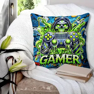 Neon Green Gamer Skull Controller Pattern Digital Print Throw Pillow,  Soft Gaming Cushion, for Boys Teens Men Bedroom, Game Room, Living Room Sofa, Office Chair Decor, Durable Polyester, Perfect Gamer Gift for Gamers Gaming Lovers, Includes Pillow Insert