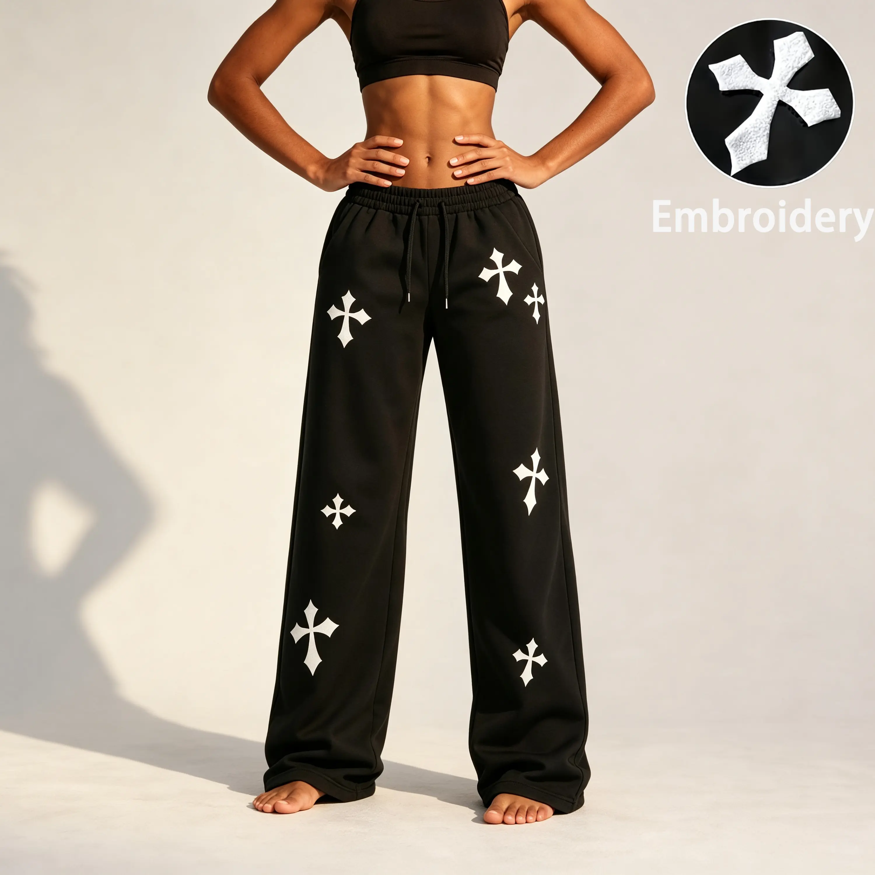 Sweatpants for Women, High-Waisted Wide-Leg Style with Cross Embroidery, Comfortable Loose Fit Streetwear for Everyday Loungewear, Street Wear