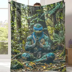 Meditating Reptile Warrior Flannel Blanket Fantasy Forest Armor Print Design Ultra Soft Warm Lightweight Cozy Throw for Living Room Bedroom Sofa Decor Yoga Studio Meditation Gift Relaxation Retreat Use summerwins