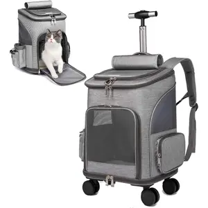 Wheeled Pet Carrier Backpack Pet , Travel Carrier,  Seat for Small Dogs Cats Puppies, Comfort  Backpack Reable Rolling Wheels - Mesh Ventilation Windows (Grey)
