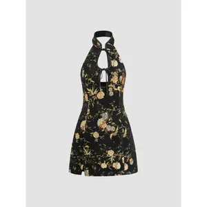 Cider Jacquard Halter Neckline Floral Cut Out Tie Front Mini Dress