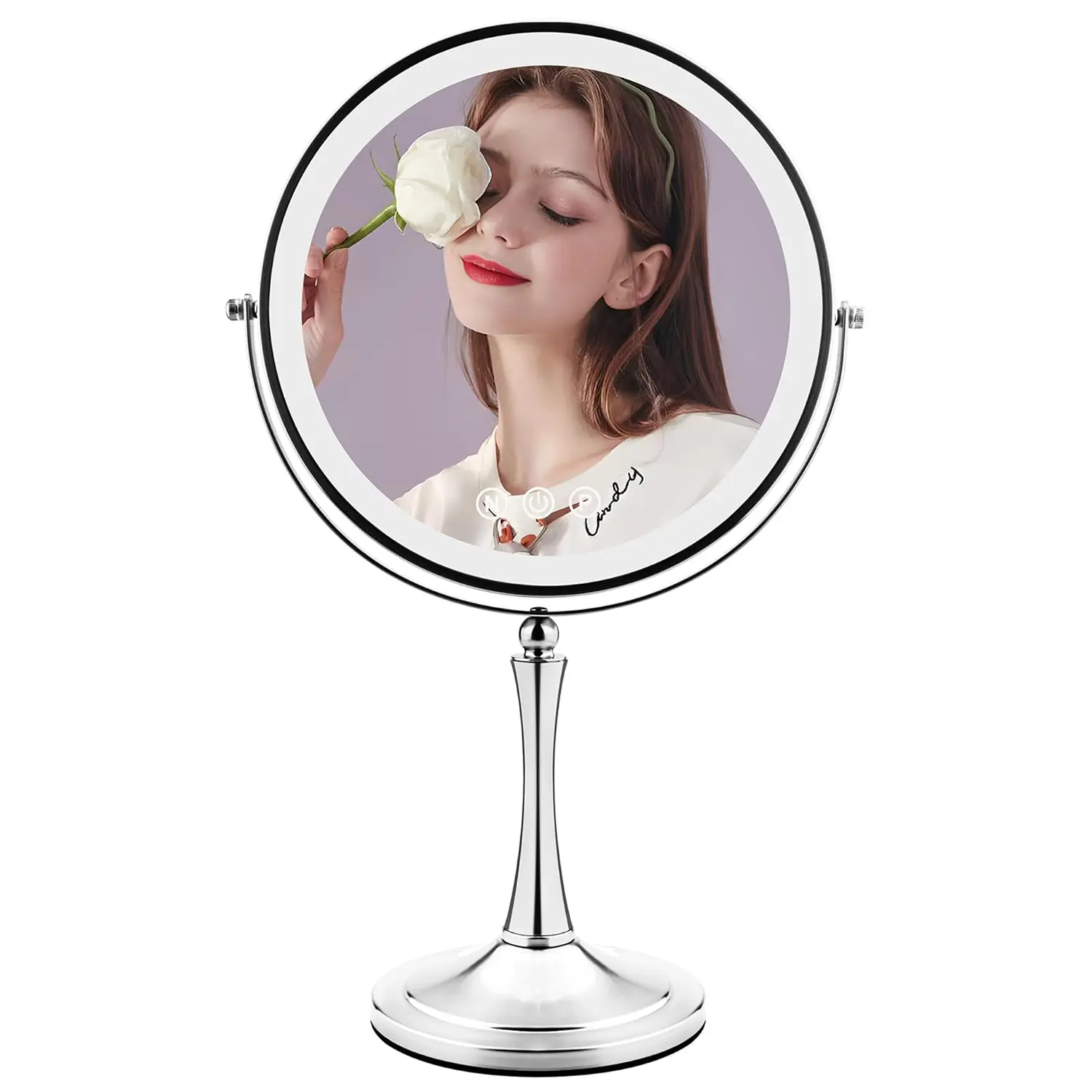 10" Large Makeup Mirror with Lights, 1X/10X Magnifying Vanity Mirror with 3 Colors Dimmable Lightning, 96 LED Lights, 360°Rotation Double Sided Standing Desk Mirror
