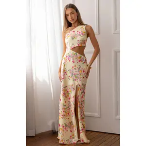 Mellick Yellow Bloom Satin Maxi Dress
