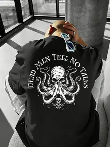 Men's Dead Men Tell No Tales Octopus Skull Print Loose Short Sleeve T-Shirt, Vintage Pirate Style, Oversized Casual Summer Top