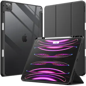 Case for iPad Pro 12.9-inch (2022/2021/2020/2018) with pencil holder, clear transparent back shell slim stand shockproof tablet cover, auto wake/sleep (black)