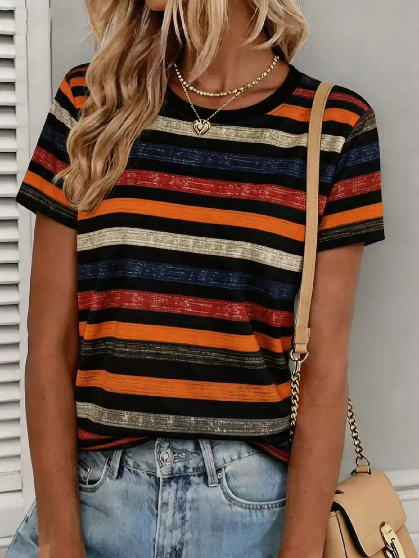 Women's Summer New Fashion Knitted Round Neck Striped Print Short Sleeve T-Shirt, Casual Commute Short Sleeve T-Shirt, Trendy Ladies Top, Casual Fit Chic