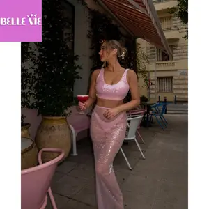 Belle Vie Women's Sequin Sheer Skirt Sparkly Elastic Waist See Through Long Bodycon Skirt for Party Club White Polyester Bottom Size S/M/L