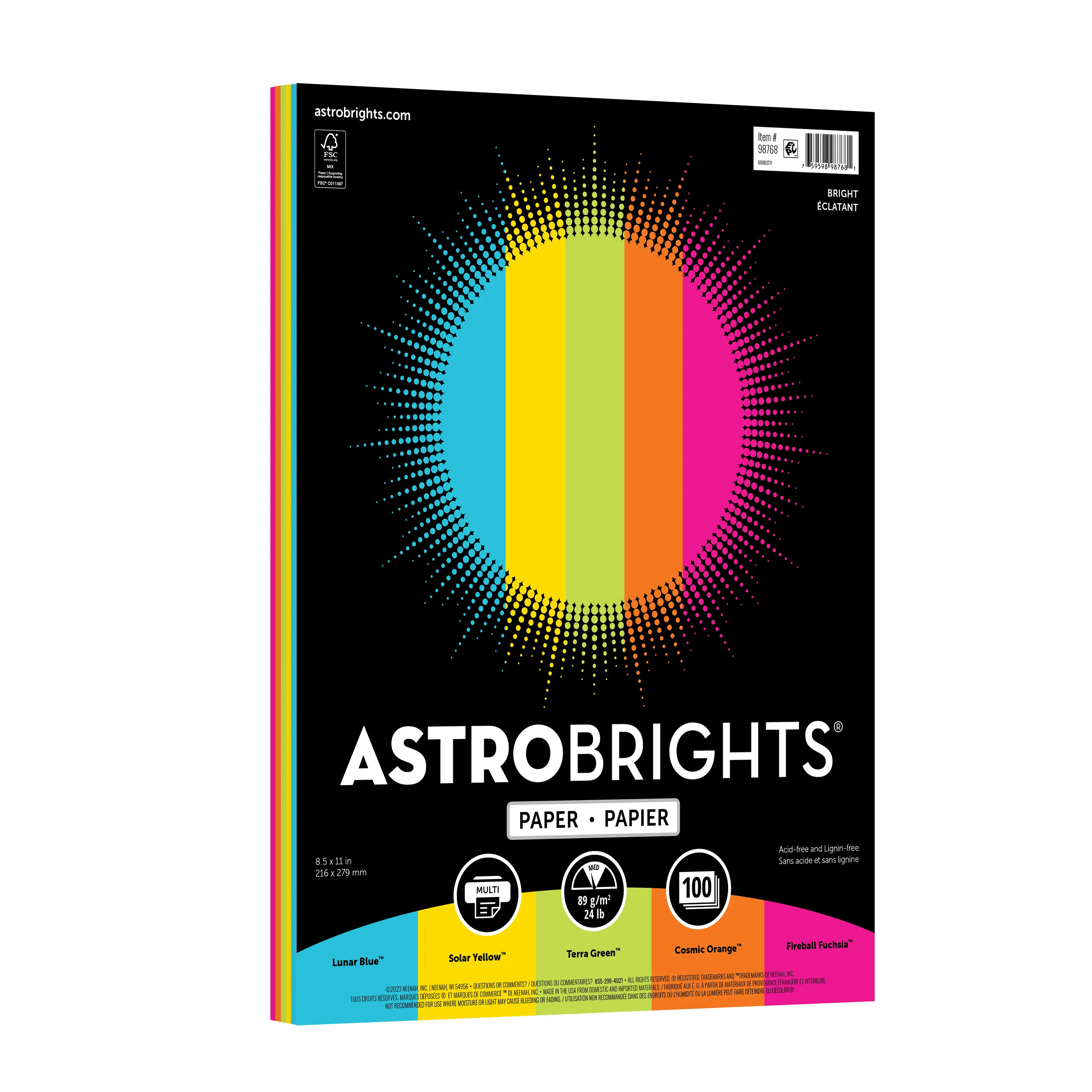 Astrobrights Color Paper, 8.5 x 11", 24 lb/89 Gsm, 5-Colors, 100 Sheets, Bright Assortment, Item 98768