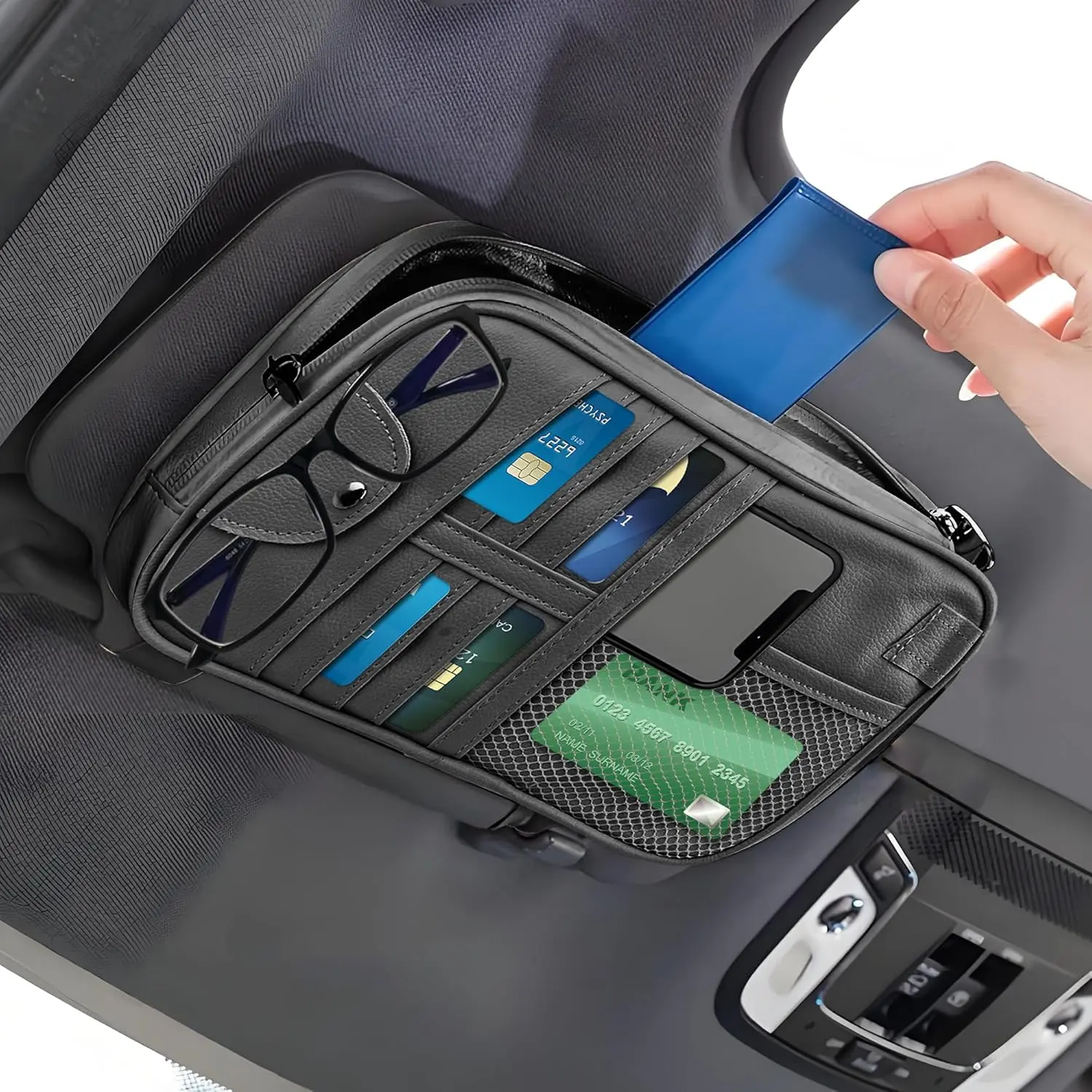 Multi-Purpose  Visor Organizer with Sun Glass Holder & Card Holder,PU Leather  Visor Organizer with Multi-Pocket and Zipper,  Storage Organizers