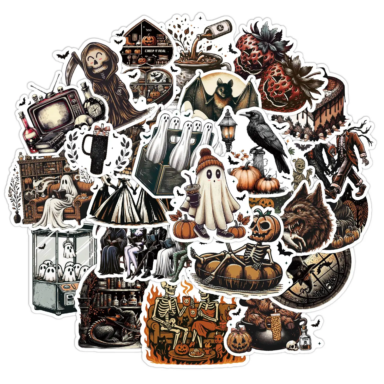 Halloween Theme Cartoon Sticker Pack Mixed Sizes Cute Spooky Designs for Journaling Scrapbooking
