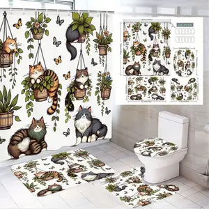 4pcs Charming Cottagecore Bathroom Decor Set with Whimsical Cat and Plant Patterns, Off-White Shower Curtain featuring Cozy Kittens and Playful Butterflies, Complete with Matching Bath Mat and Toilet Accessories for a Cozy Home Feel