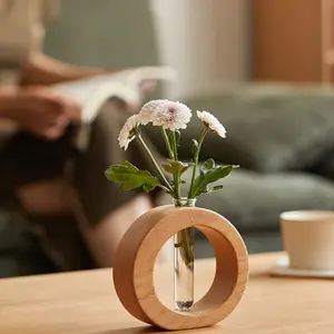 1 Piece Modern Minimalist Vase: Round Glass Vase with Wooden Base, Suitable for Home Decoration, Home Decorative Vase, Living Room, Household, Office Desk Decor, and Hydroponic Plant Vase