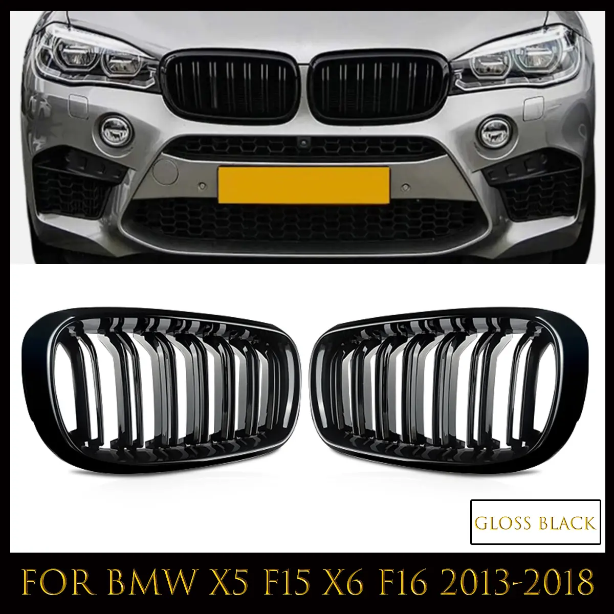 Automotive Gloss Black Plastic Dual-Line Front Kidney Grill Set, 100% Brand New 1 Pair, Vehicle-Specific Replacement for 51117294485, Easy-Install Aesthetic Upgrade Car Exterior Decoration for 2014-2018 BMW X5 F15 X6 F16