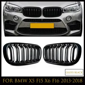 Gloss Black Dual Line Front Kidney Grill Grilles For 2014-2018 BMW X5 F15 X6 F16 1Pair