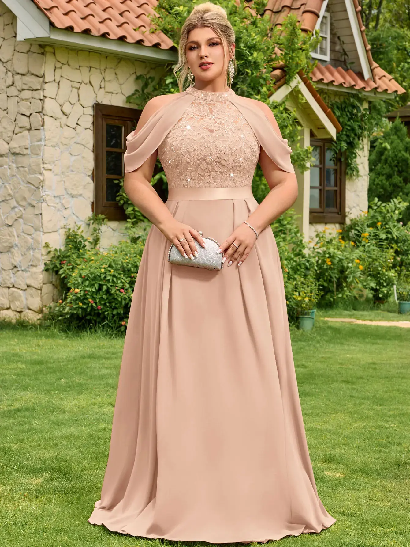 [Plus Size]MISSMAY P25636A Women's Plus Size Sequin Lace Halter Maxi Dress with Cape Sleeves, Formal Evening Party Attire for Valentine's Day,summeroutfits,vacationoutfits,beachoutfits Bride Elegant